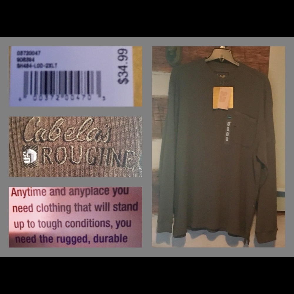 Cabelas Roughneck Henley. Two Buttons.